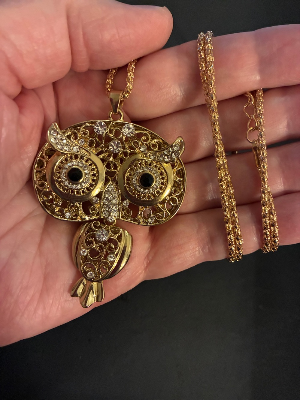 Gold Owl Pendant Necklace with Crystal Accents. Body moves. - Picture 4 of 5